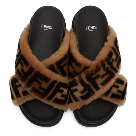 fendi brown sheepskin slides sale|Fendi.